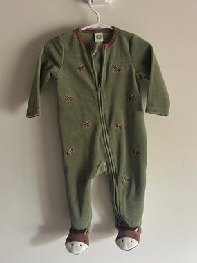 Little Me Olive Green Horse Embroidered Footed One-Piece